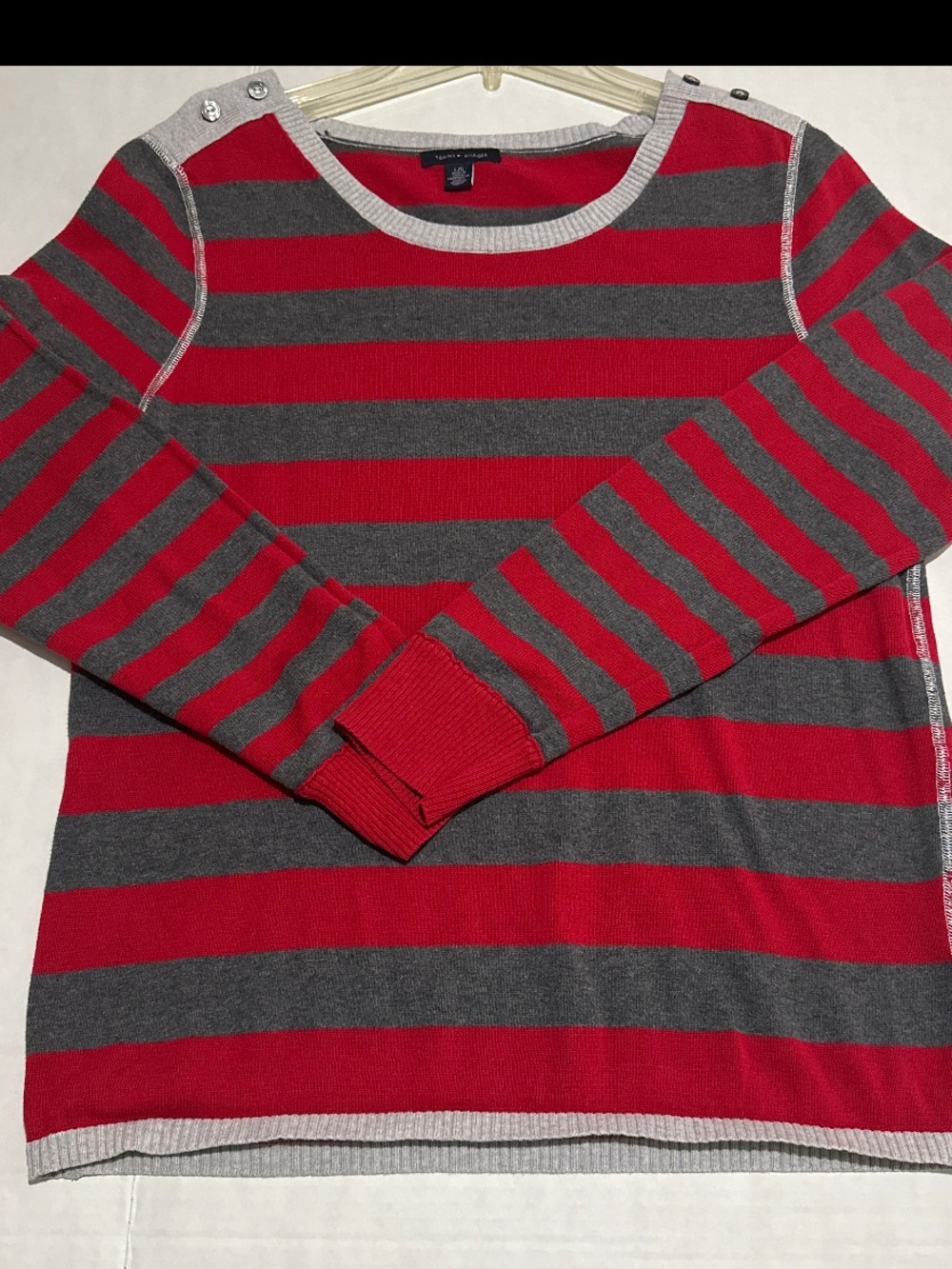 Tommy Hilfiger women’s size large  Red and Gray Striped Crewneck Sweater